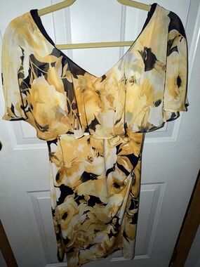 connected apparel Yellow and Black Floral Flutter Midi Dress
